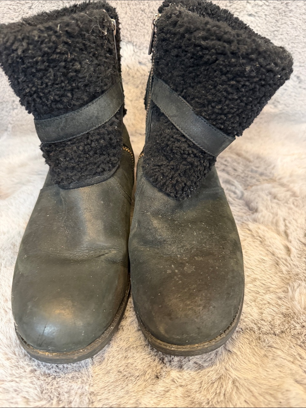 Black Shearling Cuff Leather Boots Ugg